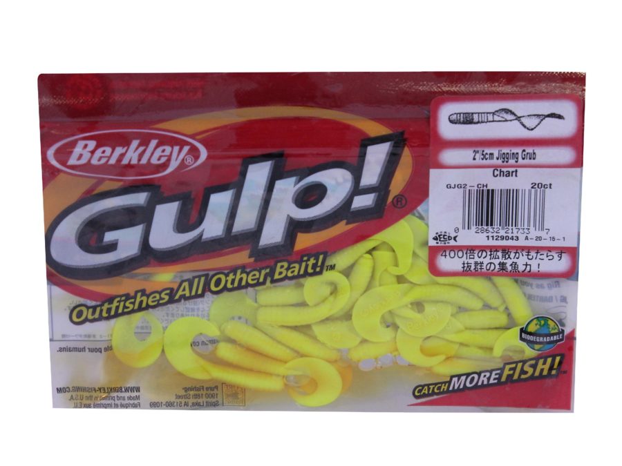 Gulp! Jigging Grub Soft Bait – 2″ Length, Chartreuse, Per 20