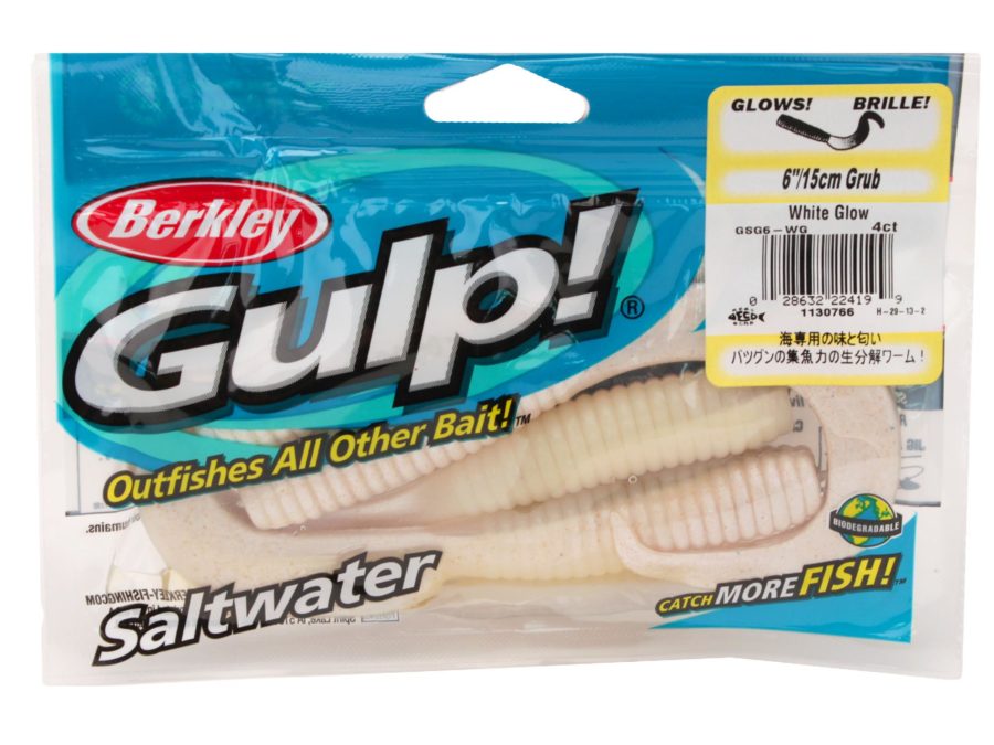 Gulp! Grub Soft Bait – 6″ Length, White Glow, Per 4