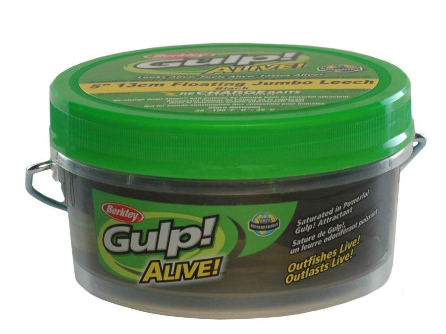 Gulp! Alive! Floating Jumbo Leech Soft Bait 5″ Length, Black, Bucket Pint