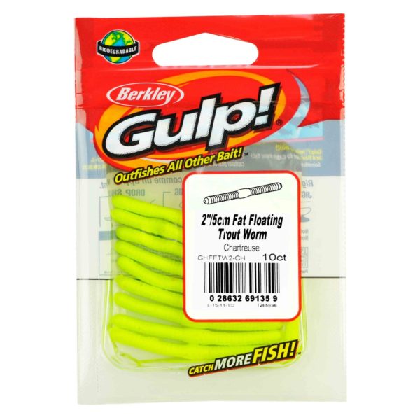 Gulp! Fat Floating Trout Worm Soft Bait – 2″ Length, Chartreuse, Per 10