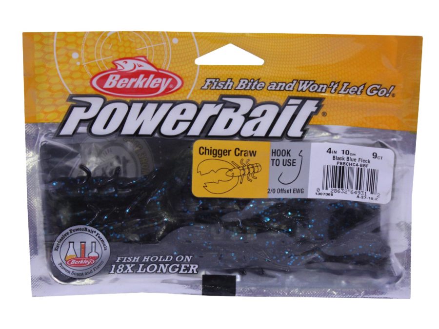 Powerbait Chigger Craw Soft Bait – 4″ Length, Black Blue Fleck, Per 9