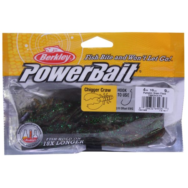 Powerbait Chigger Craw Soft Bait – 4″ Length, Pmpkin Green Fleck, Per 9