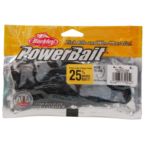 Powerbait Crazy Legs Chigger Craw – 4″ Length, Black Blue Fleck, Per 8