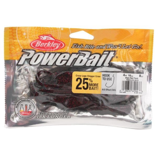 Powerbait Crazy Legs Chigger Craw – 4″ Length, Black Red Fleck, Per 8
