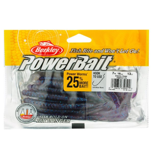 PowerBait Power Worm Soft Bait – 7″ Length, Electric Grape, Per 13