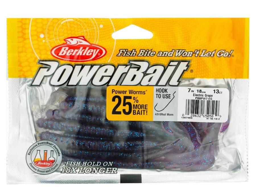 PowerBait Power Worm Soft Bait – 7″ Length, Electric Grape, Per 13