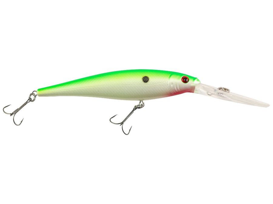 Flicker Minnow Hard Bait – 3 1-2″ Length, 18′-23′ Swimming Depth, 2 Hooks, Chartreuse Pearl, Per 1