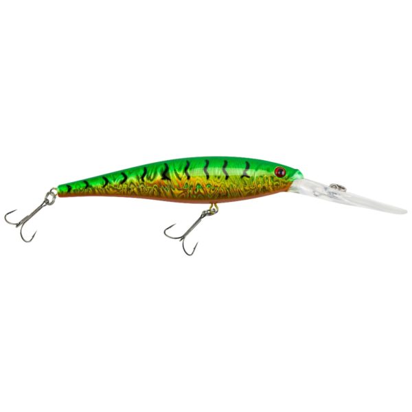 Flicker Minnow Pro Slick Hard Bait – 3 1-2″ Length, 18′-23′ Swimming Depth, 2 Hooks, Slick Firetiger, Per 1