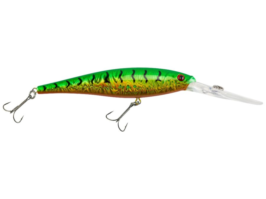 Flicker Minnow Pro Slick Hard Bait – 3 1-2″ Length, 18′-23′ Swimming Depth, 2 Hooks, Slick Firetiger, Per 1