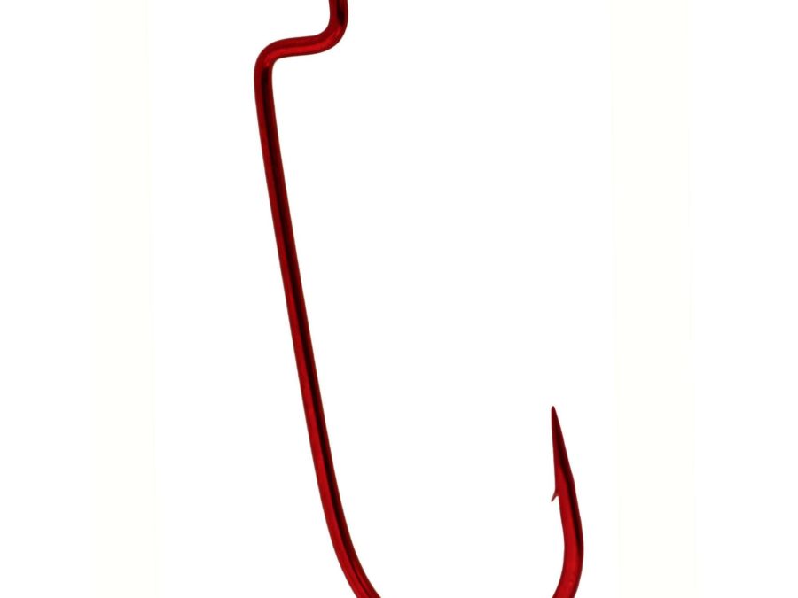 Worm Hook – Size 2-0, Round Bend, Offset Shank, Red, Per 6