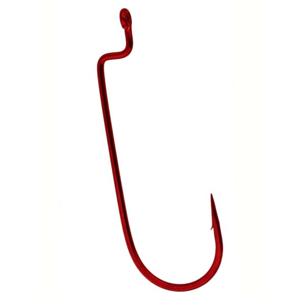 Worm Hook – Size 4-0, Round Bend, Offset Shank, Red, Per 5