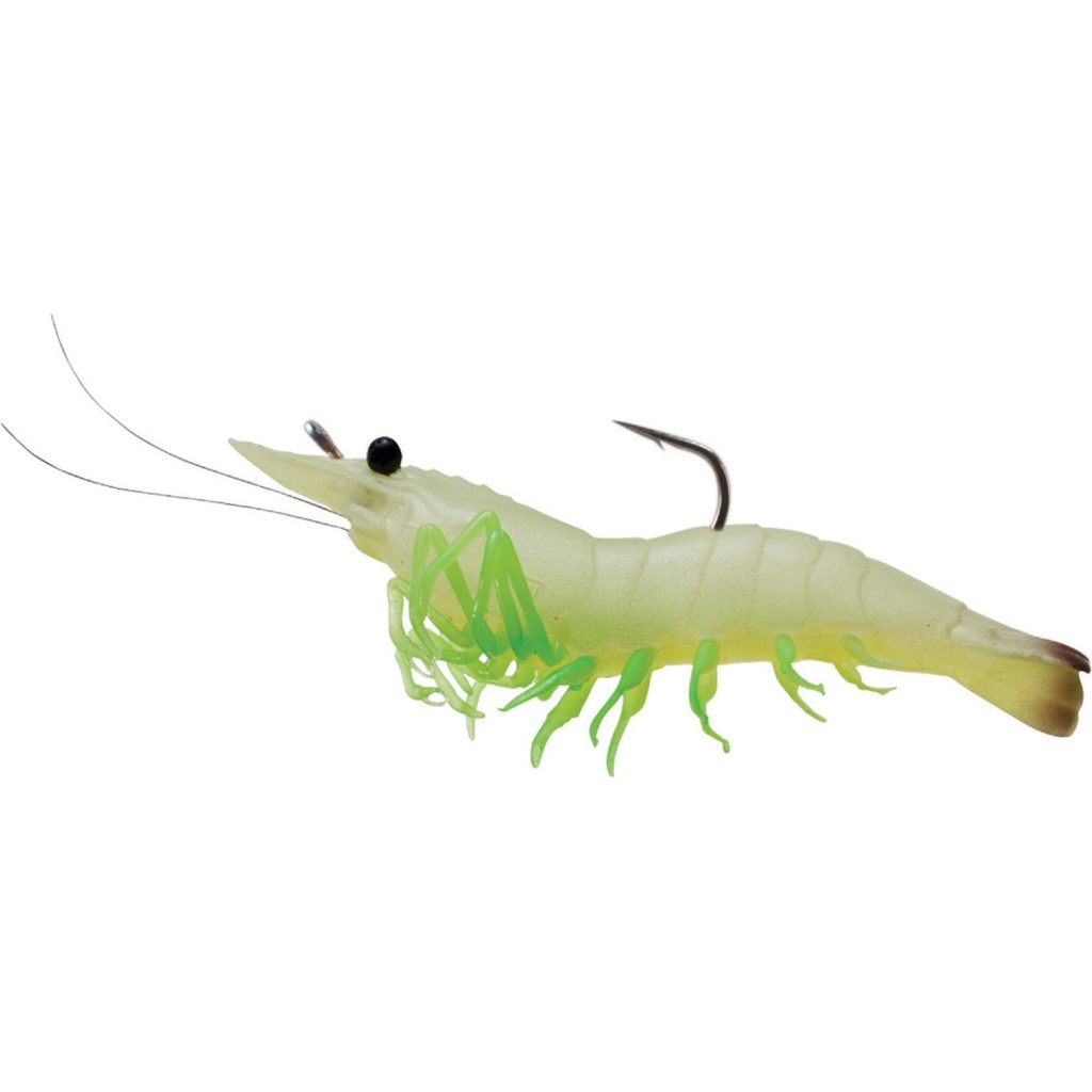 Rigged Shrimp Soft Plastic Saltwater, 3″, 10 Hook, Variable Depth, Glow Shrimp, Per 4