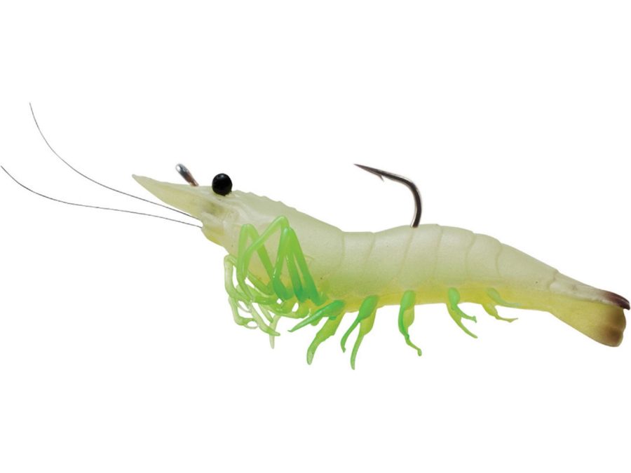 Rigged Shrimp Soft Plastic – Saltwater, 3″, #1-0 Hook, Variable Depth,  Glow Shrimp, Per 4