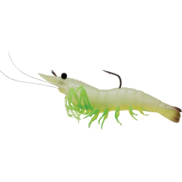 Rigged Shrimp Soft Plastic – Saltwater, 4″, #2-0 Hook, Variable Depth,  Glow Shrimp, Per 4