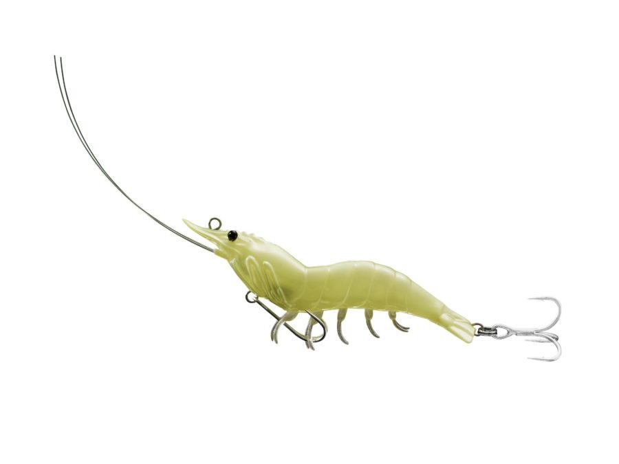 Shrimp Hybrid Bait – Saltwater, 4″, #4-#2 Hooks, Variable Depth, r: Glow Shrimp