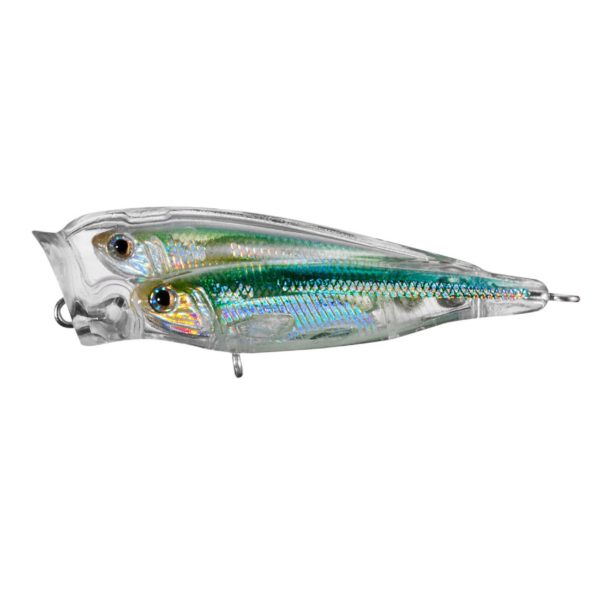 Glass Minnow Juvenile Baitball Popper – Saltwater, 3″, #4 Hook, Topwater Depth, Silver-Green