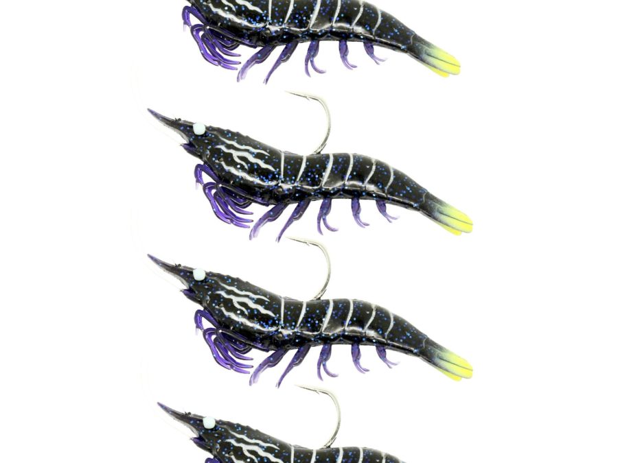 Rigged Shrimp Soft Plastic – Saltwater, 4″, 2-0 Hook, Variable Depth, Black Tiger