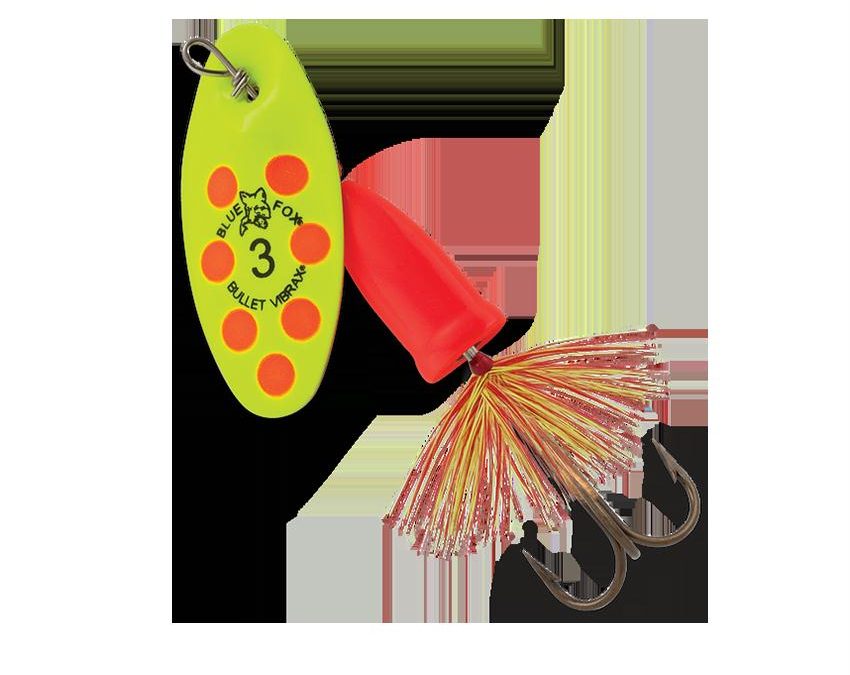Vibrax Bullet Fly – 3 Blade Size, 3-8 oz, Fluorescent Yellow-Fluorescent Red, Package of 1