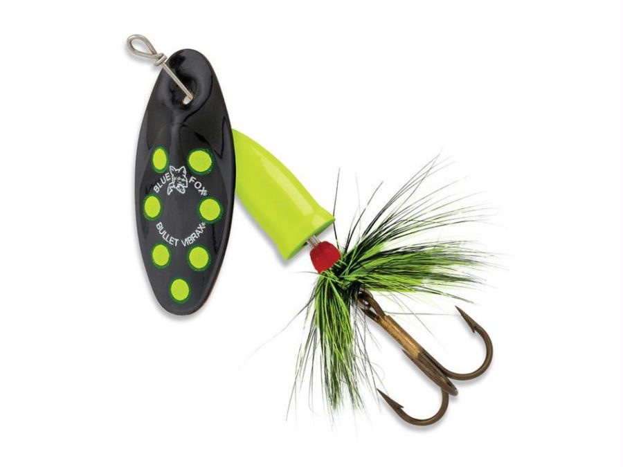Vibrax Bullet Fly – 0 Blade Size, 1-8 oz, Black-Fluorescent Yellow, Package of 1