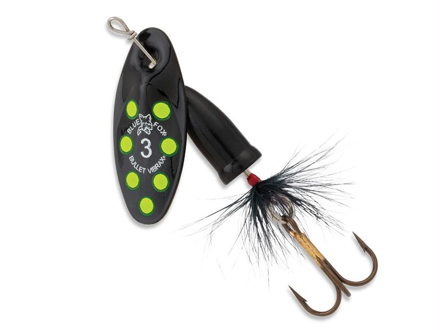 Vibrax Bullet Fly – 0 Blade Size, 1-8 oz, Black-Fluorescent Yellow Dots, Package of 1