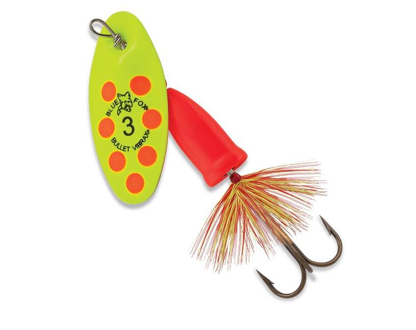 Vibrax Bullet Fly – 2 Blade Size, 1-4 oz, Fluorescent Yellow-Fluorescent Red, Package of 1