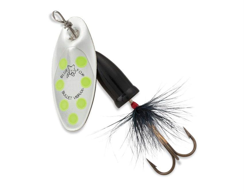 Vibrax Bullet Fly – 1 Blade Size, 3-16 oz, Silver-Fluorescent Yellow-Black, Package of 1