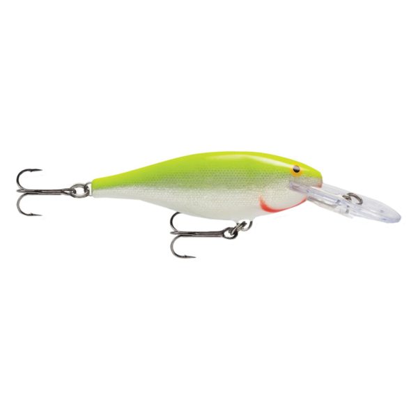 Shad Rap Lure – Size 05, 2″ Length, 5′-11′ Depth, 2 #6 Treble Hooks, Silver Fluor Chartreuse