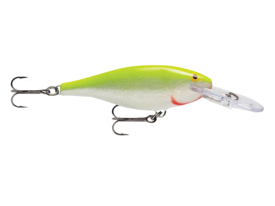 Shad Rap Lure – Size 05, 2″ Length, 5′-11′ Depth, 2 #6 Treble Hooks, Silver Fluor Chartreuse