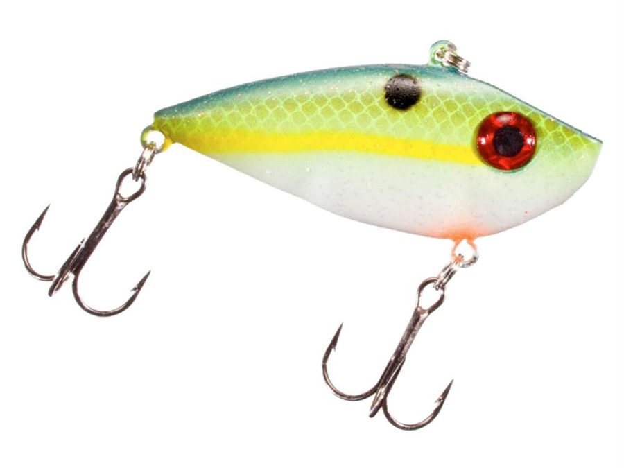 Red Eyed Shad 1-4 oz Hard Lipless Crankbait Lure – 2″ Length. Variable Depth, Two Number 6 Treble Hook, Chartreuse Sexy Shad, Per 1