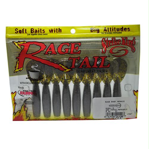 Rage Twin Tail Baby Menace Soft Lure – 3″ Body Length, Green Pumpkin Purple-Gold, Per 9