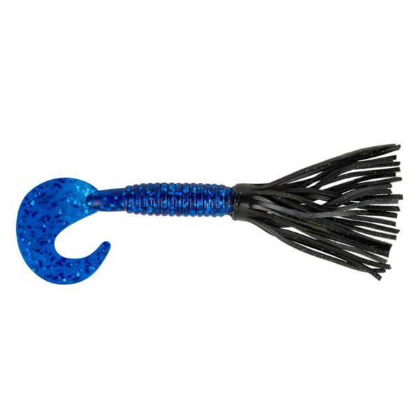 Bearded Single Tail Grub Soft Bait – 3 1-2″ Length, Black-Sapphire Blue, Per 6