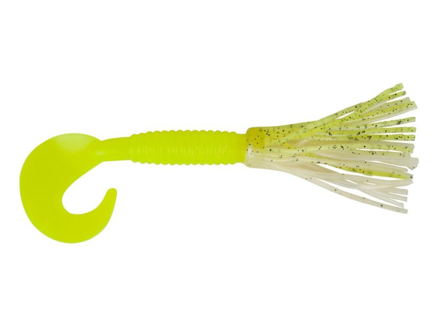 Bearded Single Tail Grub Soft Bait – 3 1-2″ Length, Chartreuse Shad-Milky Chartreuse, Per 6