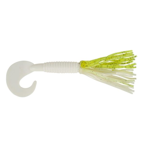 Bearded Single Tail Grub Soft Bait – 3 1-2″ Length, Chartreuse Shad-White, Per 6