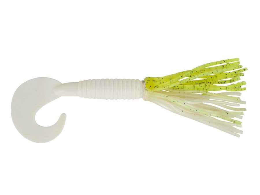 Bearded Single Tail Grub Soft Bait – 3 1-2″ Length, Chartreuse Shad-White, Per 6
